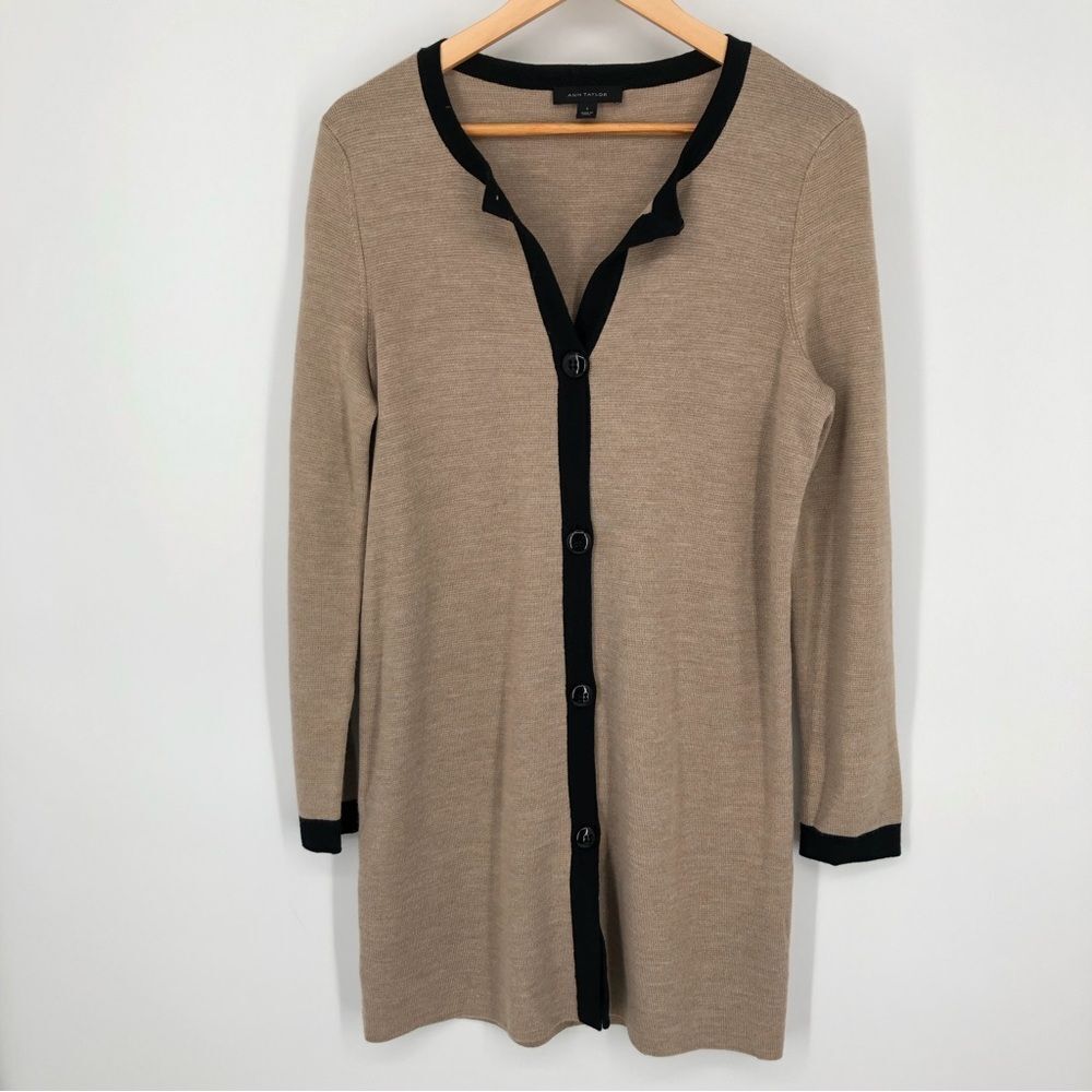 Ann Taylor Tipped Coatigan In Light Tan Melange Womens S Button Front Wool‎